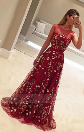 A-Line Crew Sweep Train Flower Print Burgundy Tulle Prom Dress with Belt,BD99816