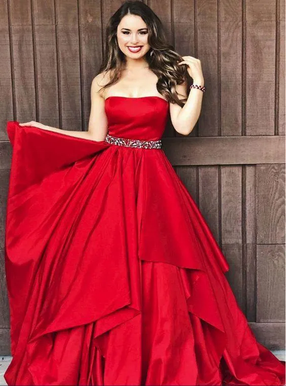 A-line Strapless Satin Beading Red  Layered Long Elegant Prom Dresses, Fashion Gown. PDY0184