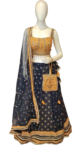 Banarasi Lehenga Choli with Stone Work, Net Dupatta and Bag