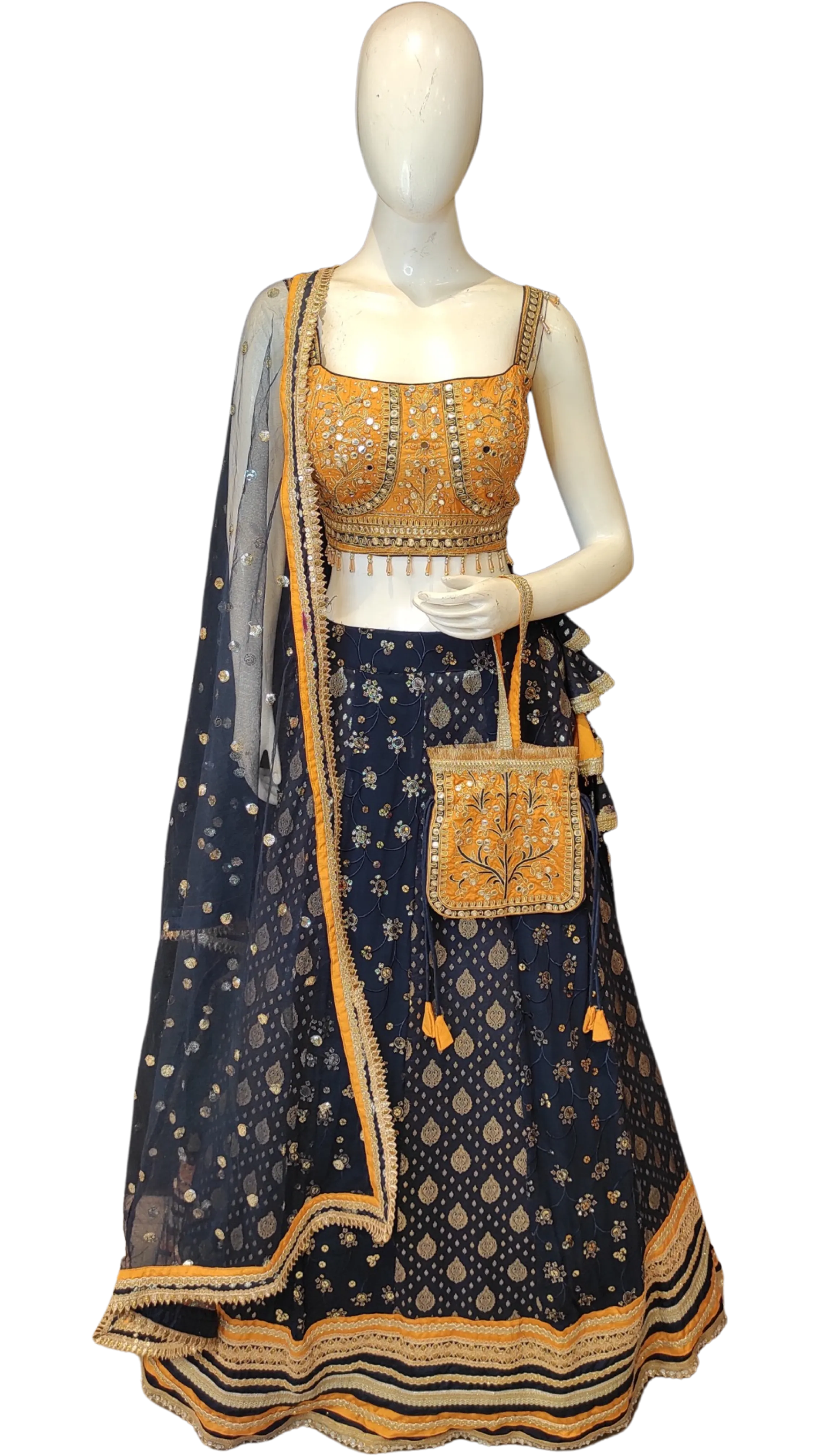 Banarasi Lehenga Choli with Stone Work, Net Dupatta and Bag