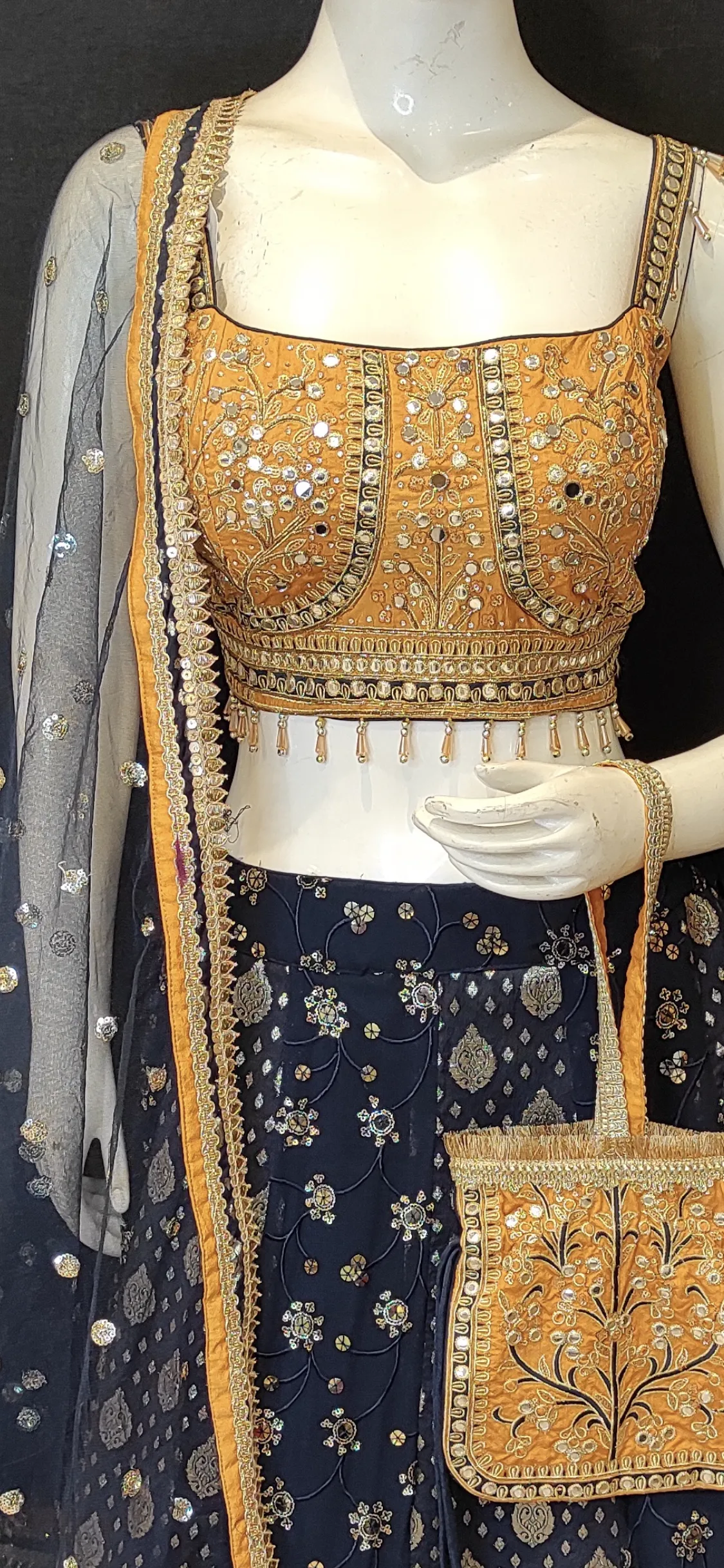 Banarasi Lehenga Choli with Stone Work, Net Dupatta and Bag