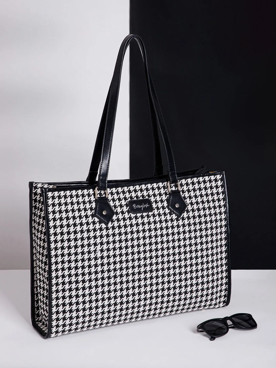 Berrylush Women Black & White Houndstooth Printed Polyester Two-Handle Zipper-Up Laptop Bag