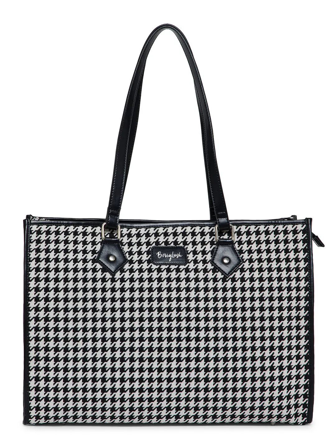 Berrylush Women Black & White Houndstooth Printed Polyester Two-Handle Zipper-Up Laptop Bag