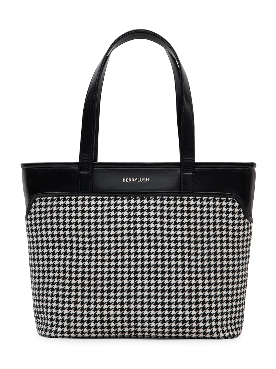 Berrylush Women Black & White Houndstooth Printed PU Blend Padded Sleeve Two-Handle Oversized Laptop Bag