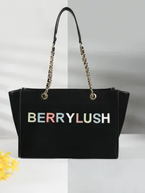 Berrylush Women Black Typography PU Mobile Pouch Embellished Oversized Tote Bag