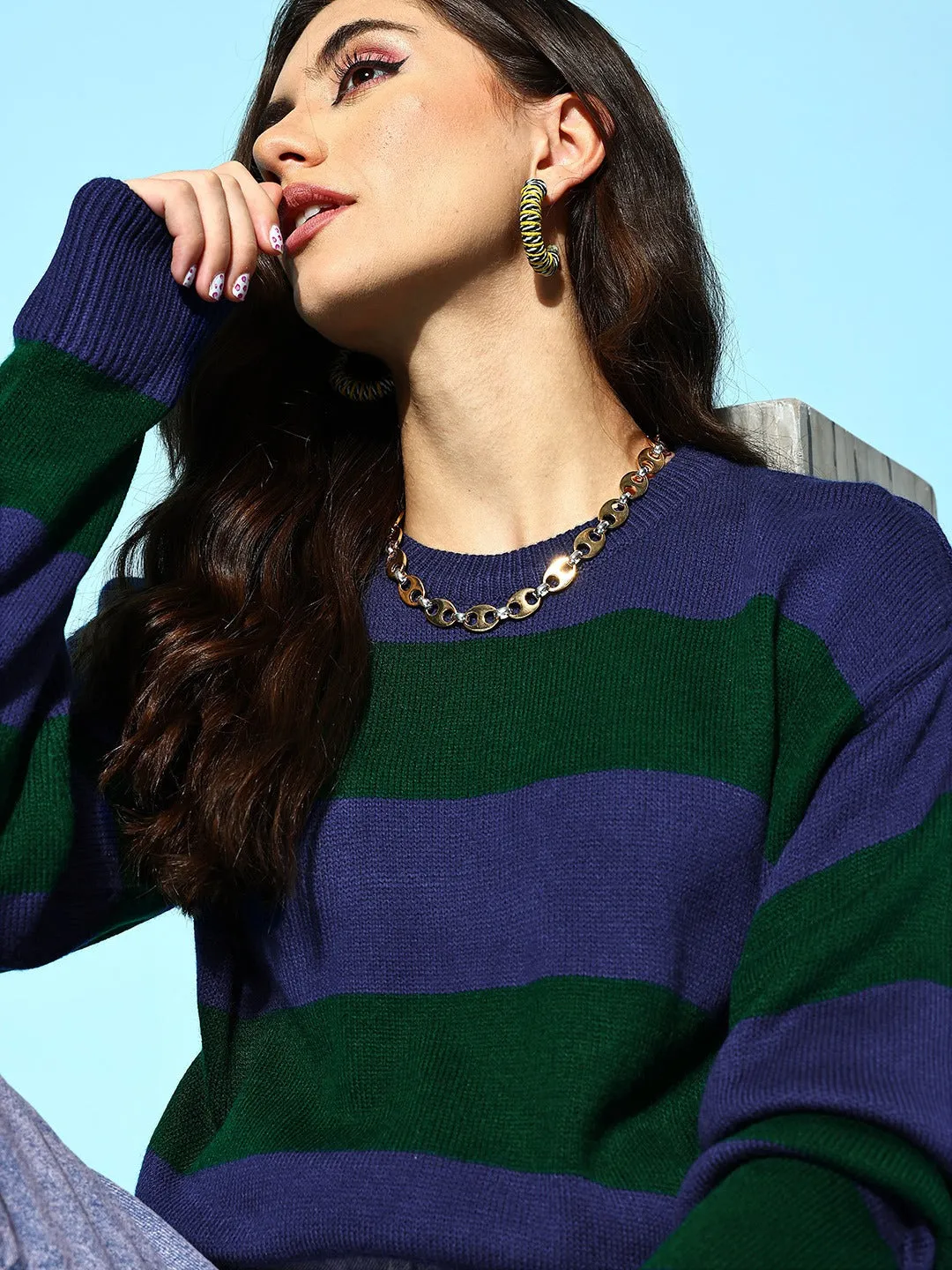 Berrylush Women Blue & Green Striped Pattern Round Neck Polyester Ribbed Hem Regular Pullover