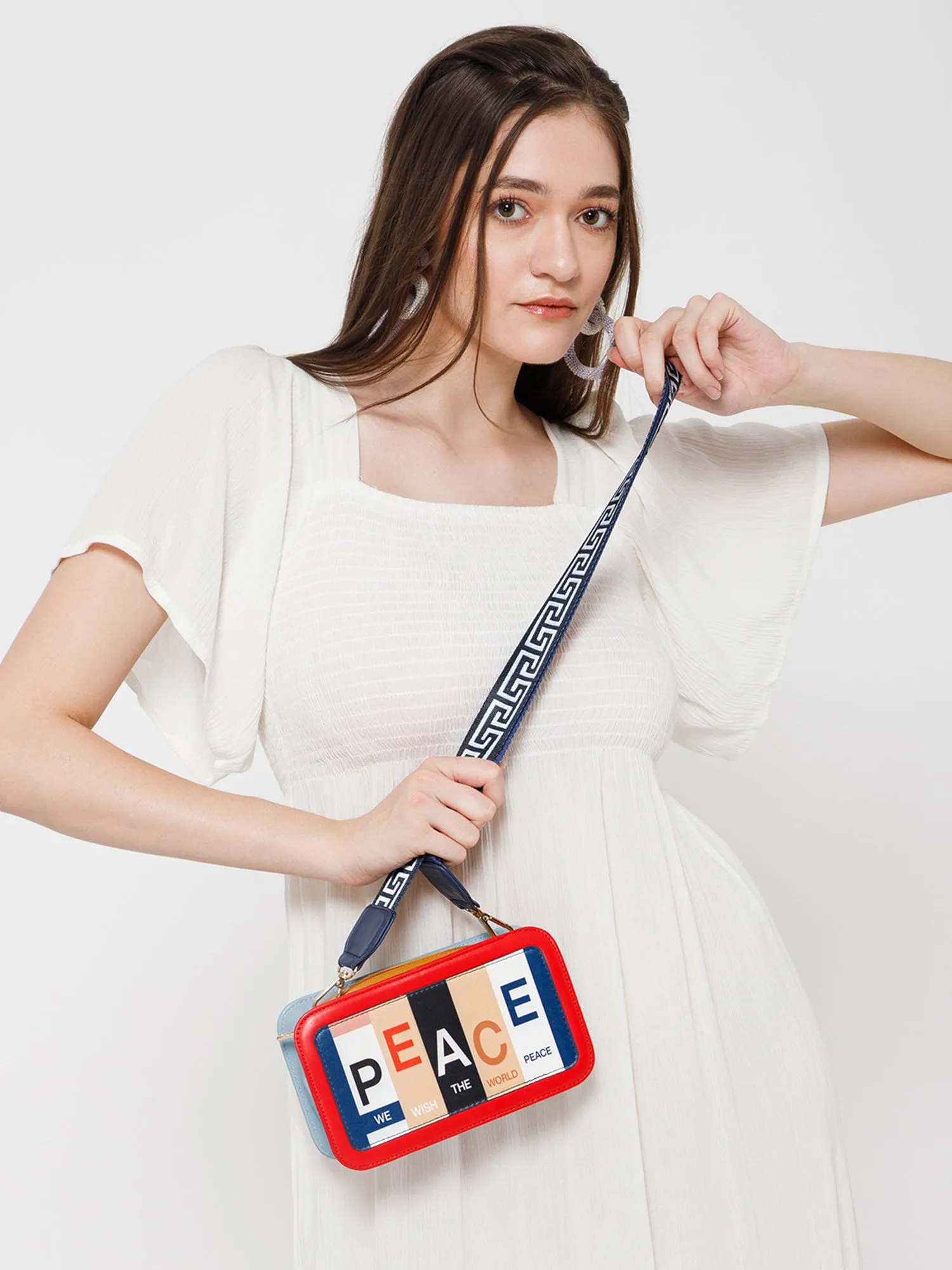 Berrylush Women Blue & Red Typography Printed PU Detachable Sling Strap Applique Structured Sling Bag