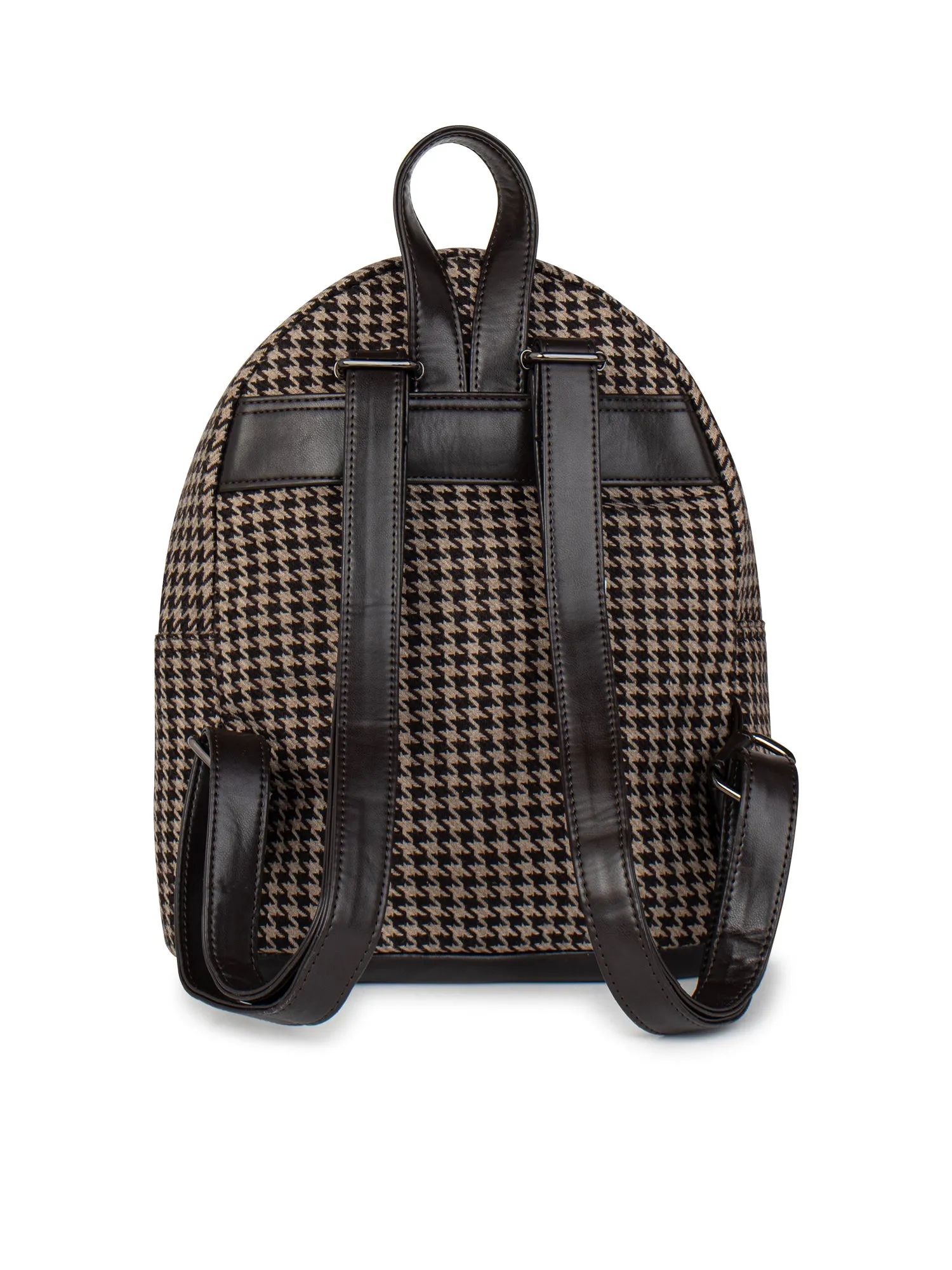 Berrylush Women Brown & White Houndstooth Printed Fabric Zipper-Up Regular Shoulder Backpack