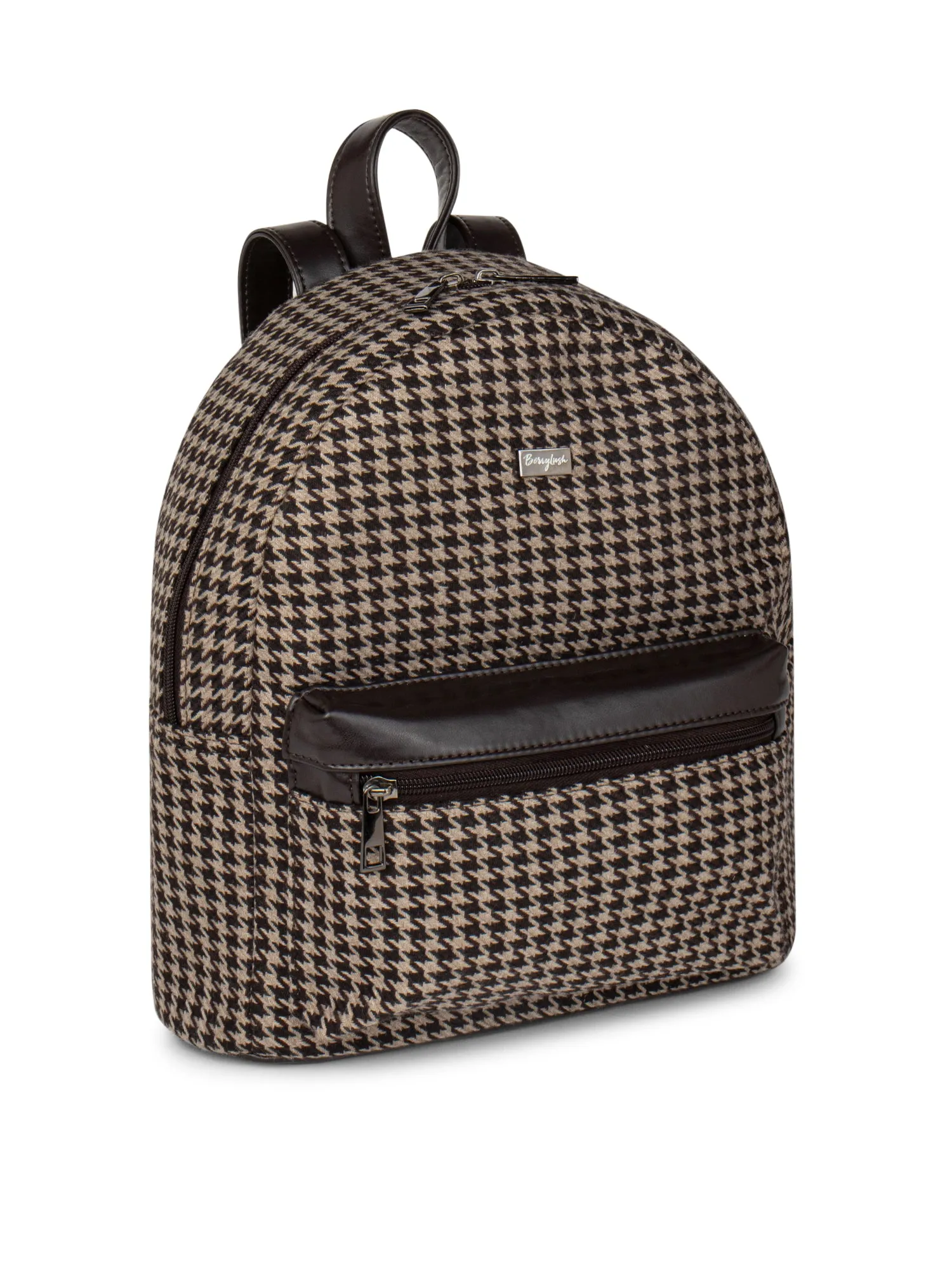 Berrylush Women Brown & White Houndstooth Printed Fabric Zipper-Up Regular Shoulder Backpack