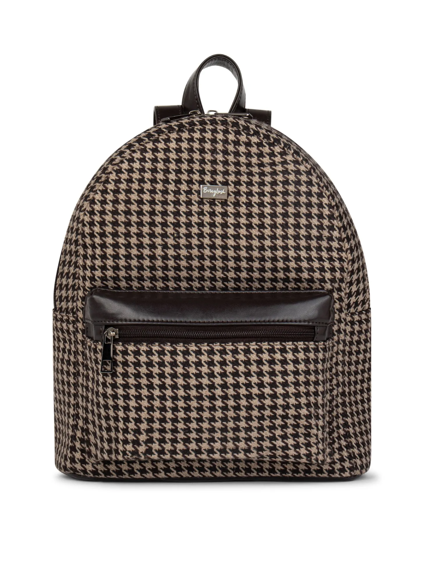 Berrylush Women Brown & White Houndstooth Printed Fabric Zipper-Up Regular Shoulder Backpack