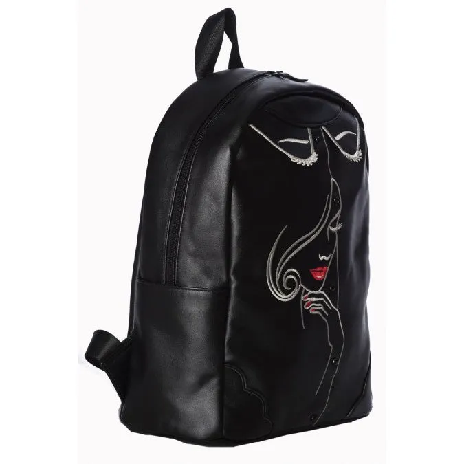 Black Backpack Bag with Embroidered Model Face Detail