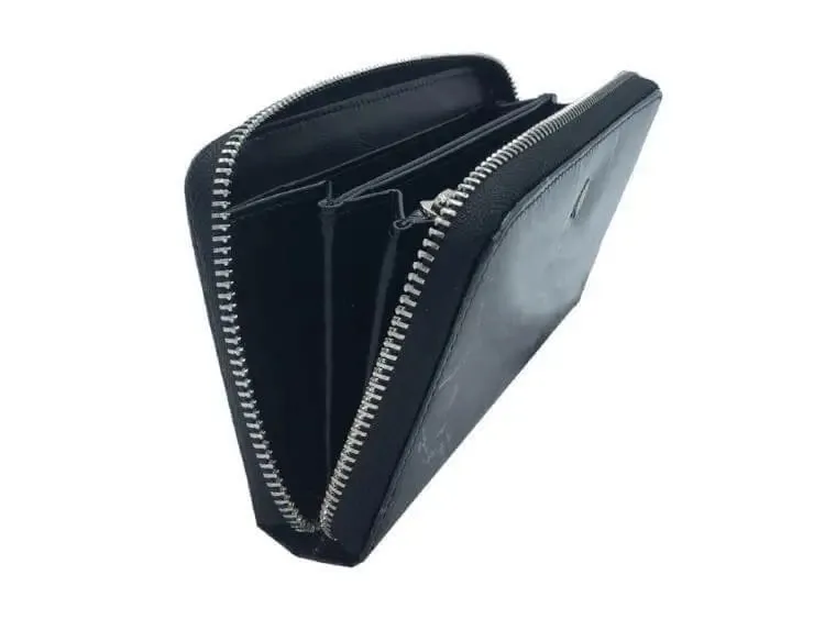 Black Vegan Leaf leather large Zip Wallet