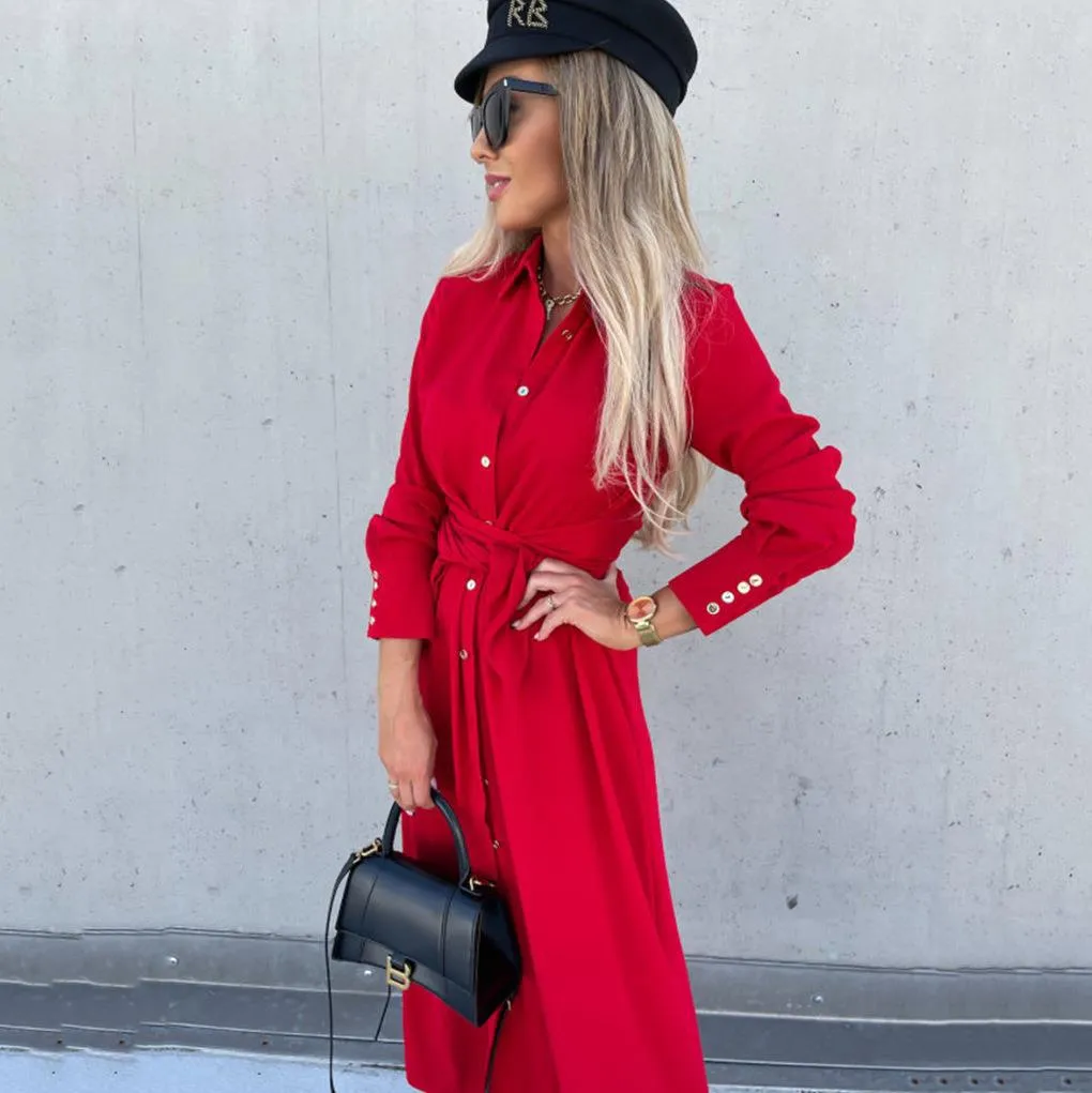 Button Down Long Sleeve Tie Waist Dress