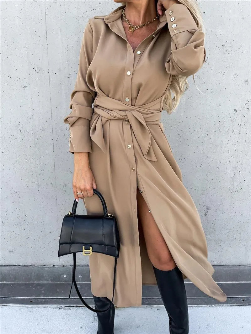 Button Down Long Sleeve Tie Waist Dress