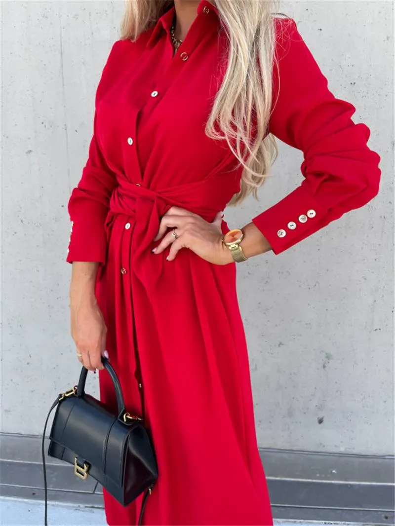 Button Down Long Sleeve Tie Waist Dress