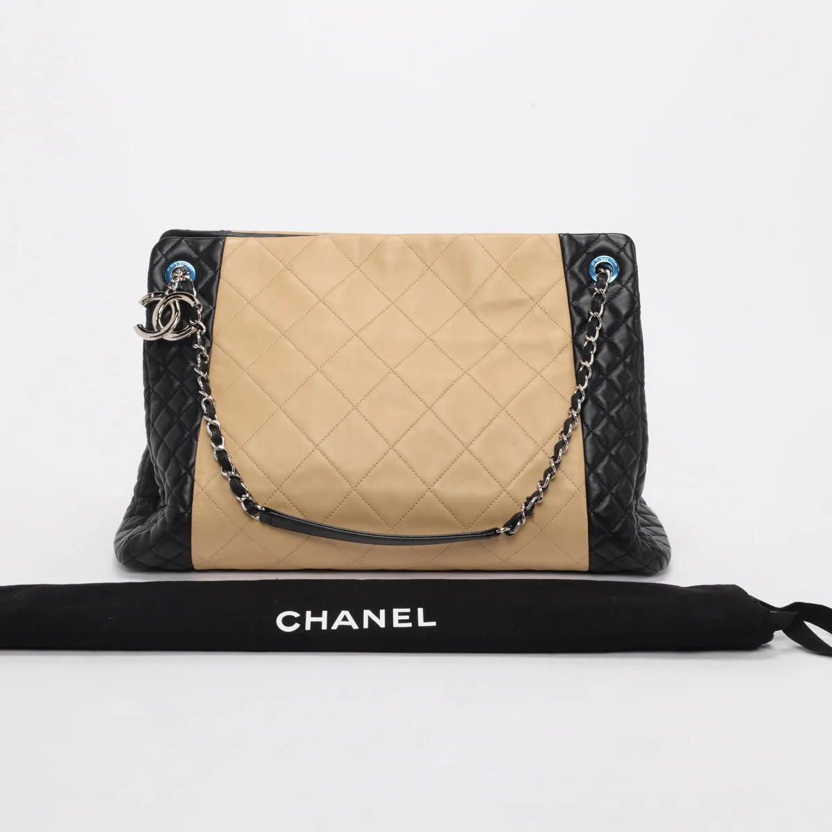 Chanel Black & Beige Quilted Lambskin CC Charm Tote