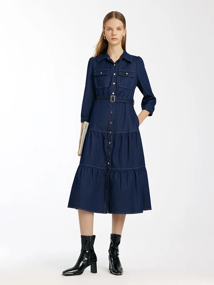 Denim Gathered Waist Women Midi Dress With Belt