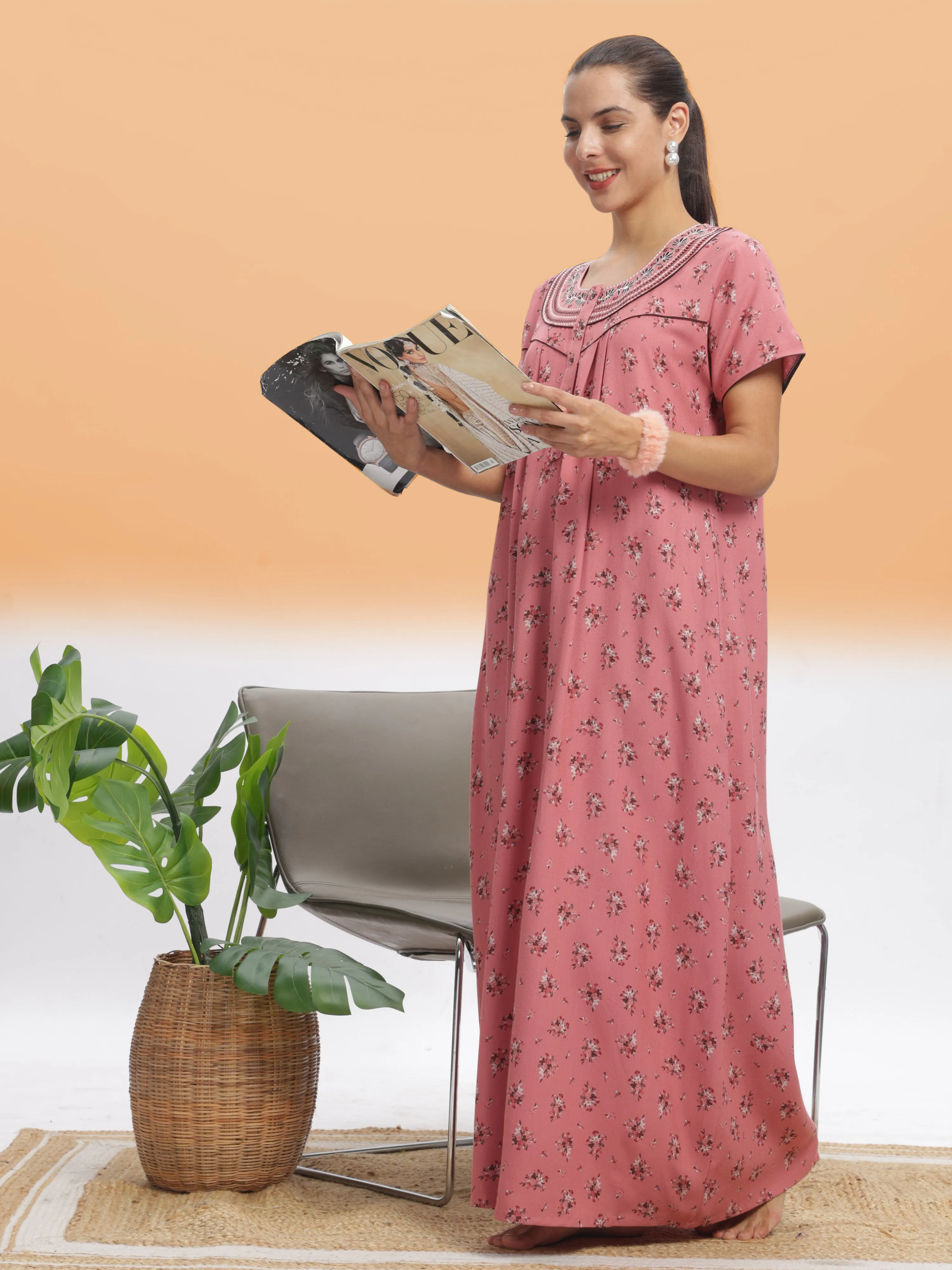 Elegant Peach Blossom Alpine Maxi Nighty - Luxurious Comfort & Style