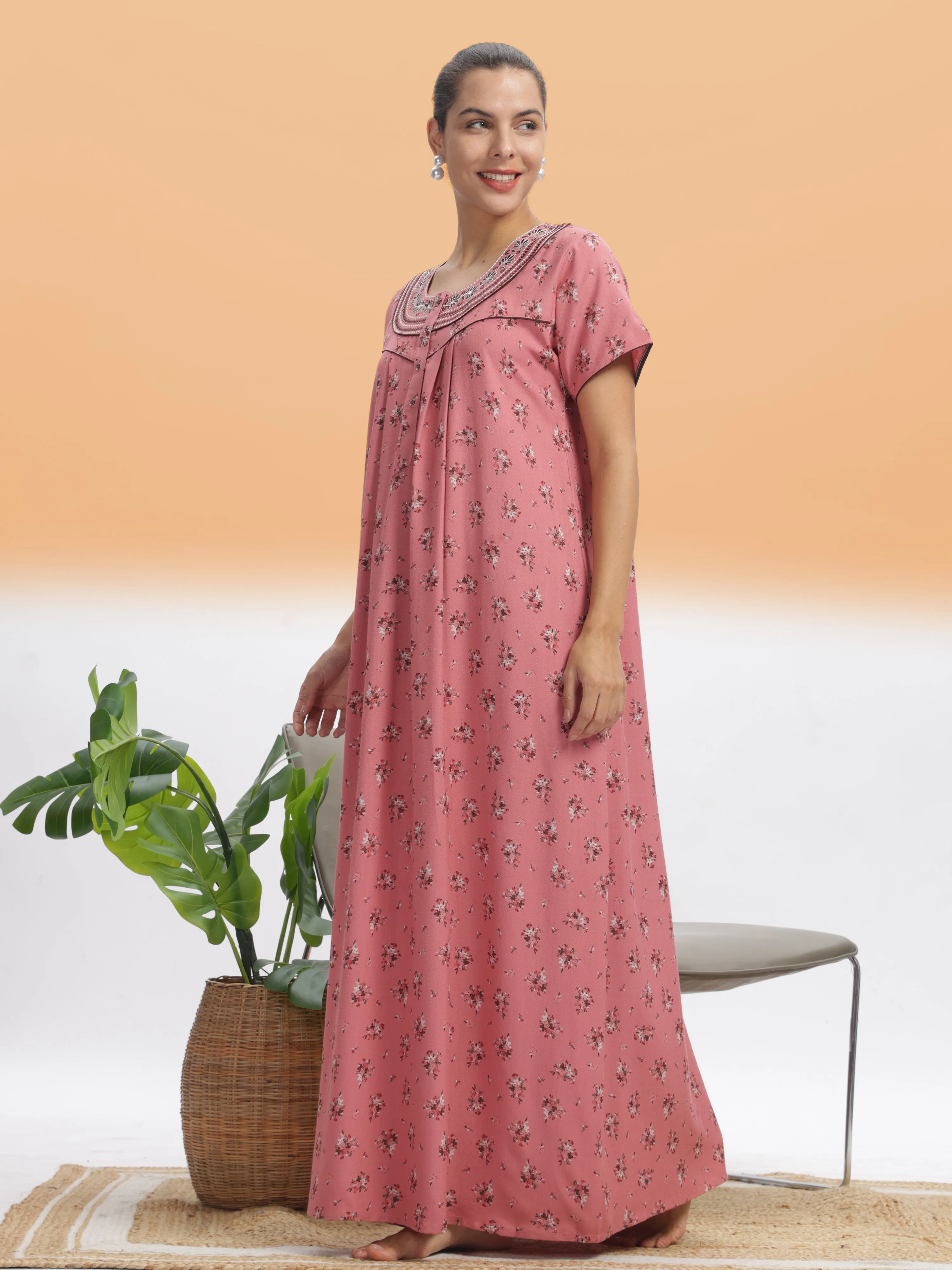 Elegant Peach Blossom Alpine Maxi Nighty - Luxurious Comfort & Style