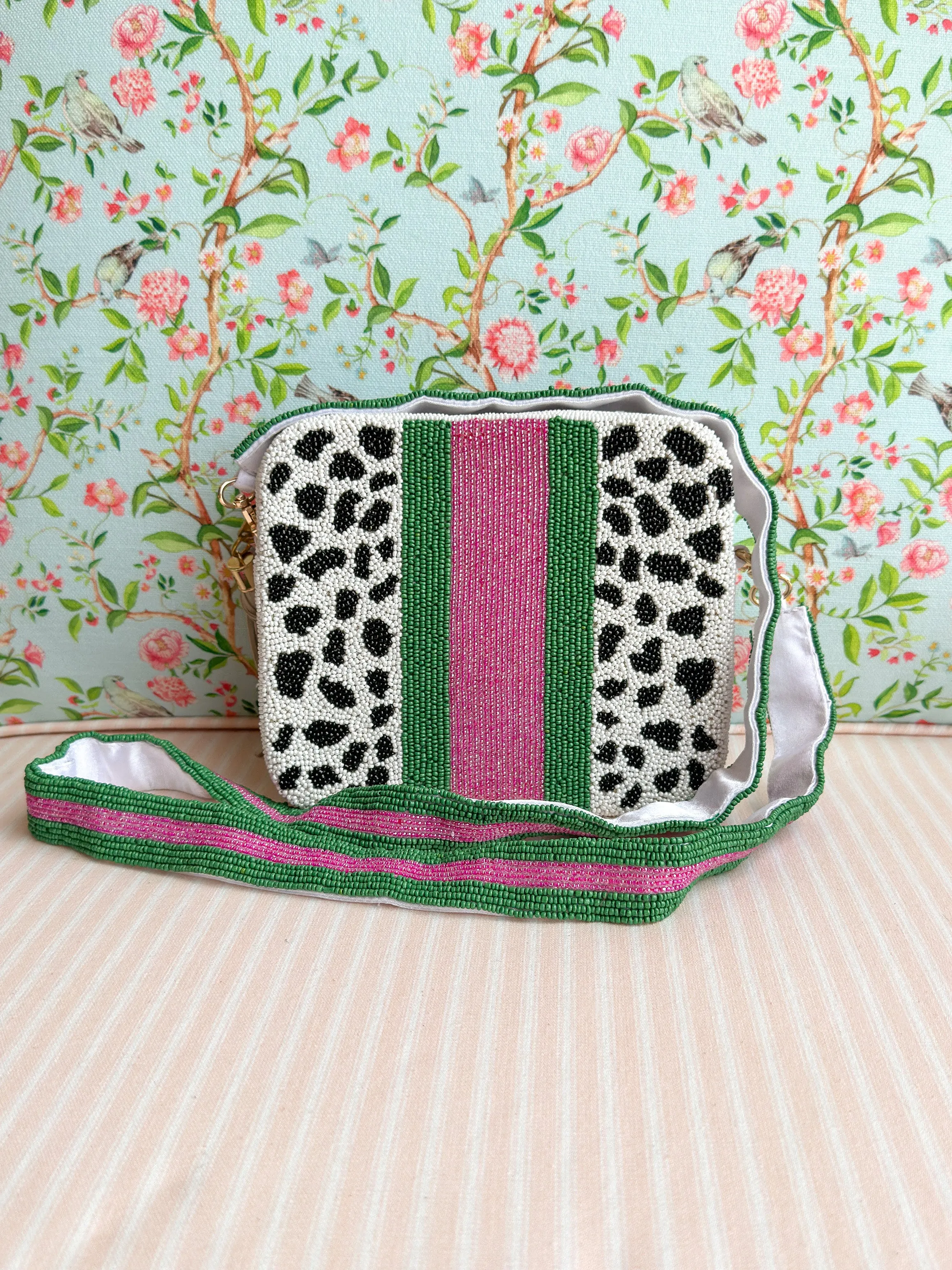 Glamfox - Green Pink Stripe Animal Print Beaded Crossbody