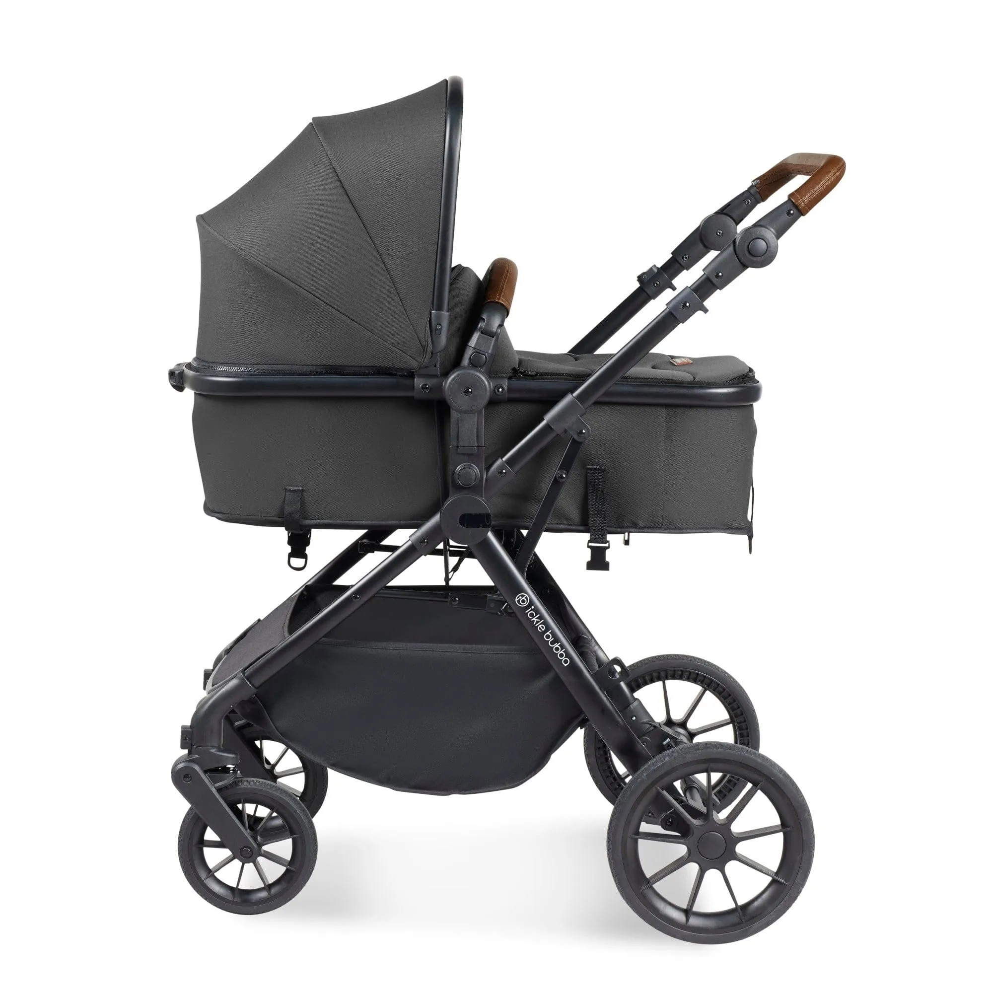 Ickle Bubba Cosmo I-Size Travel System With Stratus Car Seat & Isofix Base - Black / Graphite Grey / Tan