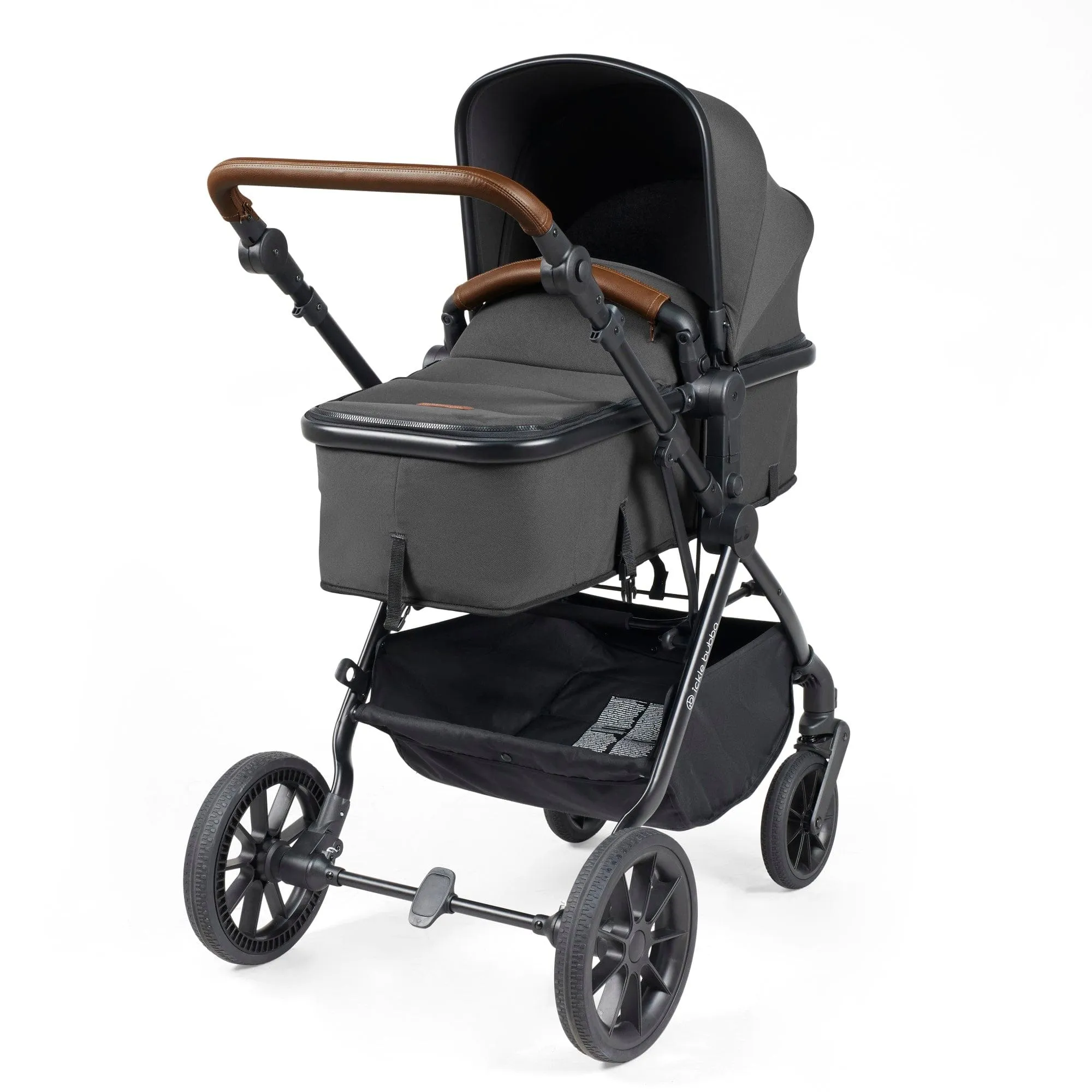 Ickle Bubba Cosmo I-Size Travel System With Stratus Car Seat & Isofix Base - Black / Graphite Grey / Tan