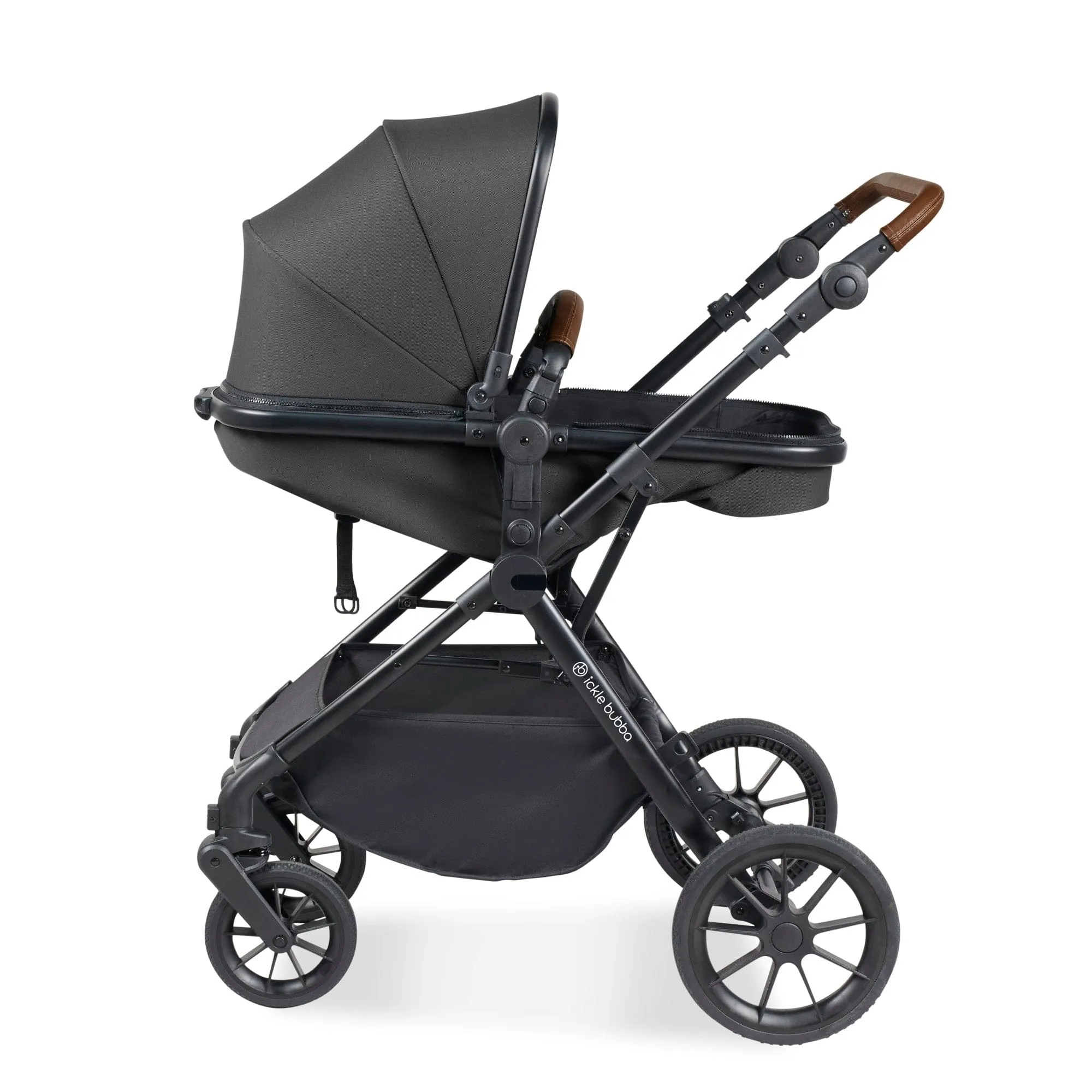 Ickle Bubba Cosmo I-Size Travel System With Stratus Car Seat & Isofix Base - Black / Graphite Grey / Tan