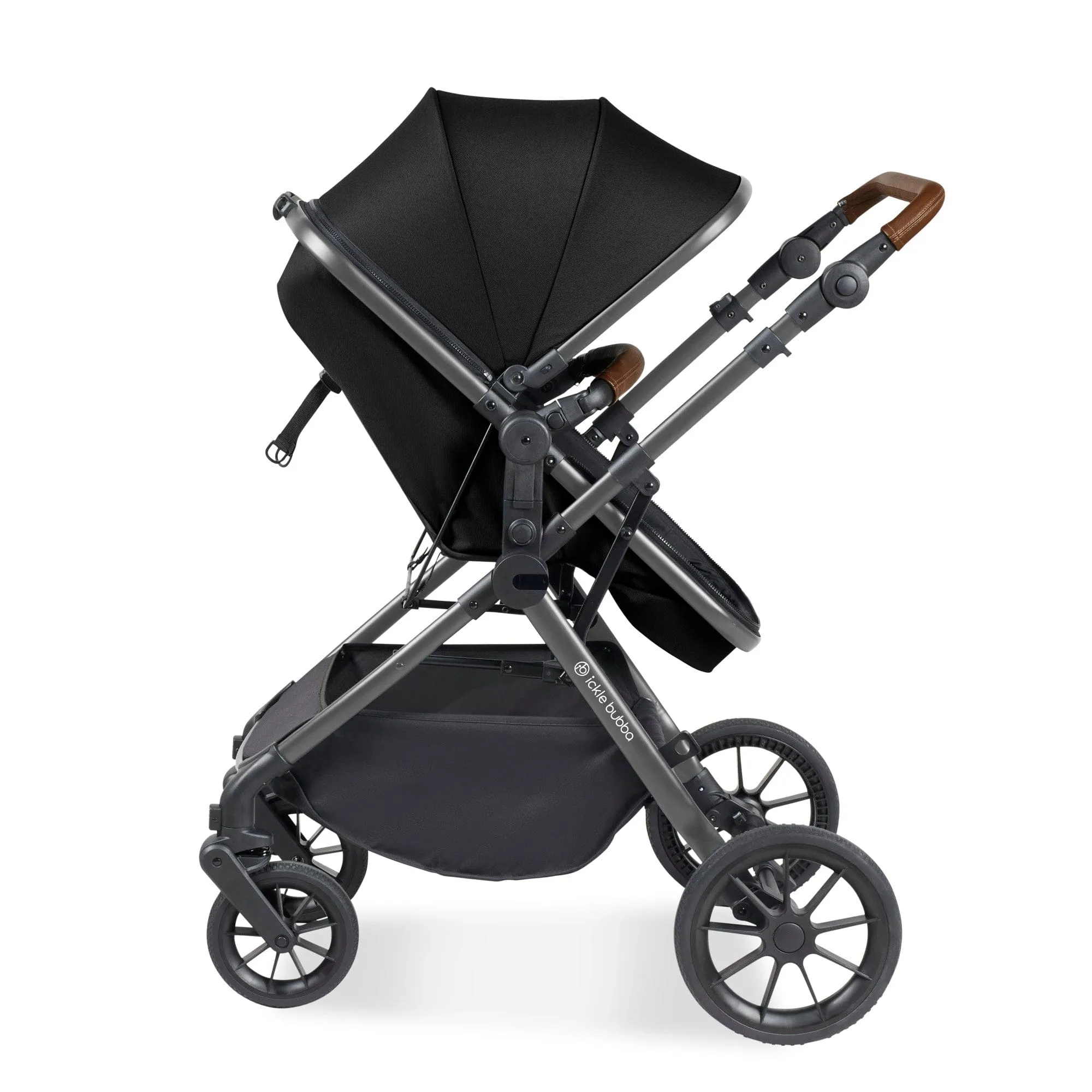 Ickle Bubba Cosmo I-Size Travel System With Stratus Car Seat & Isofix Base - Gunmetal / Black / Tan