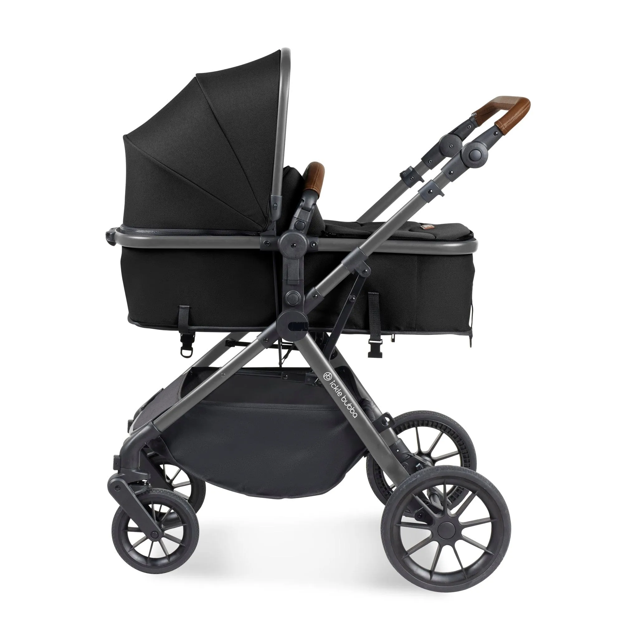 Ickle Bubba Cosmo I-Size Travel System With Stratus Car Seat & Isofix Base - Gunmetal / Black / Tan