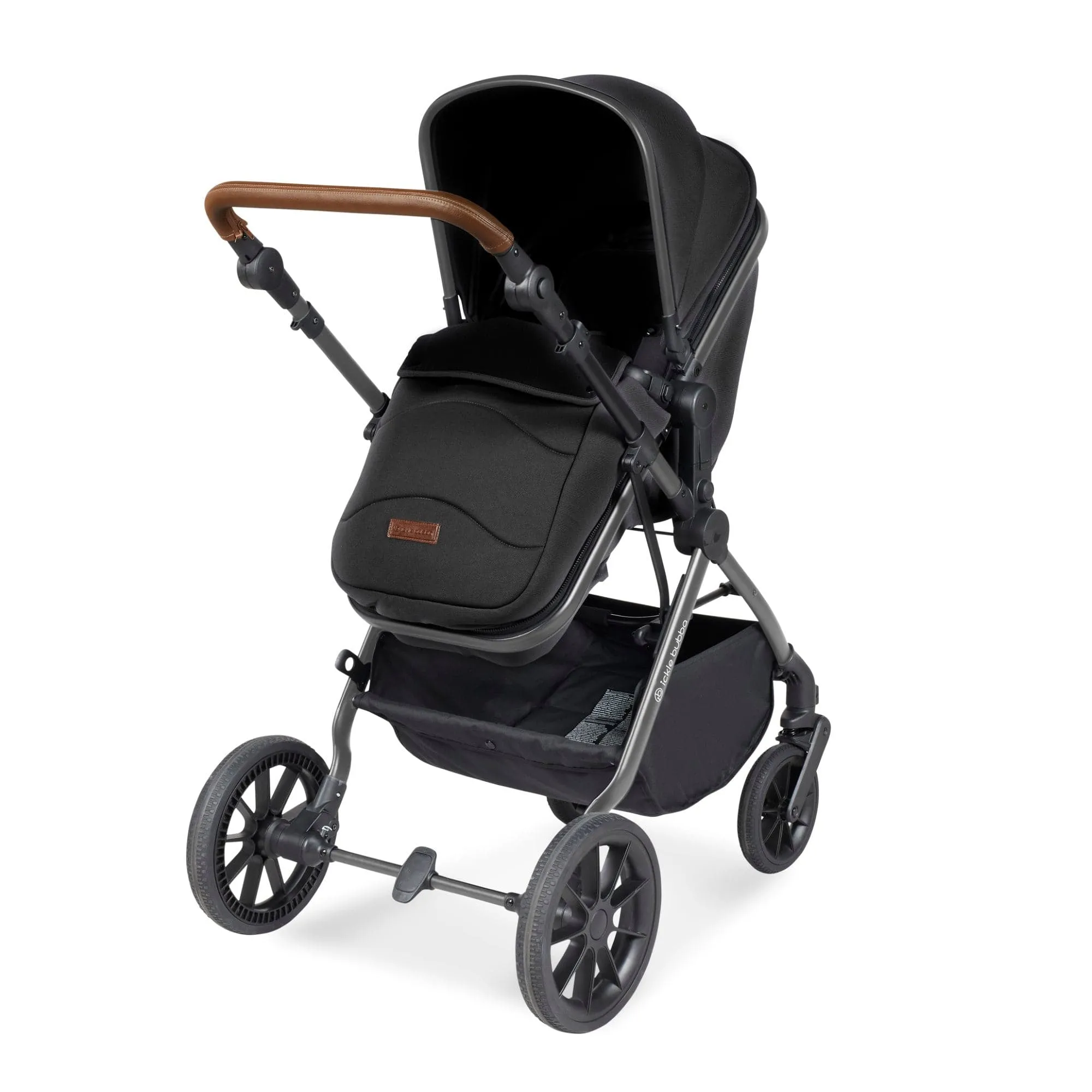 Ickle Bubba Cosmo I-Size Travel System With Stratus Car Seat & Isofix Base - Gunmetal / Black / Tan