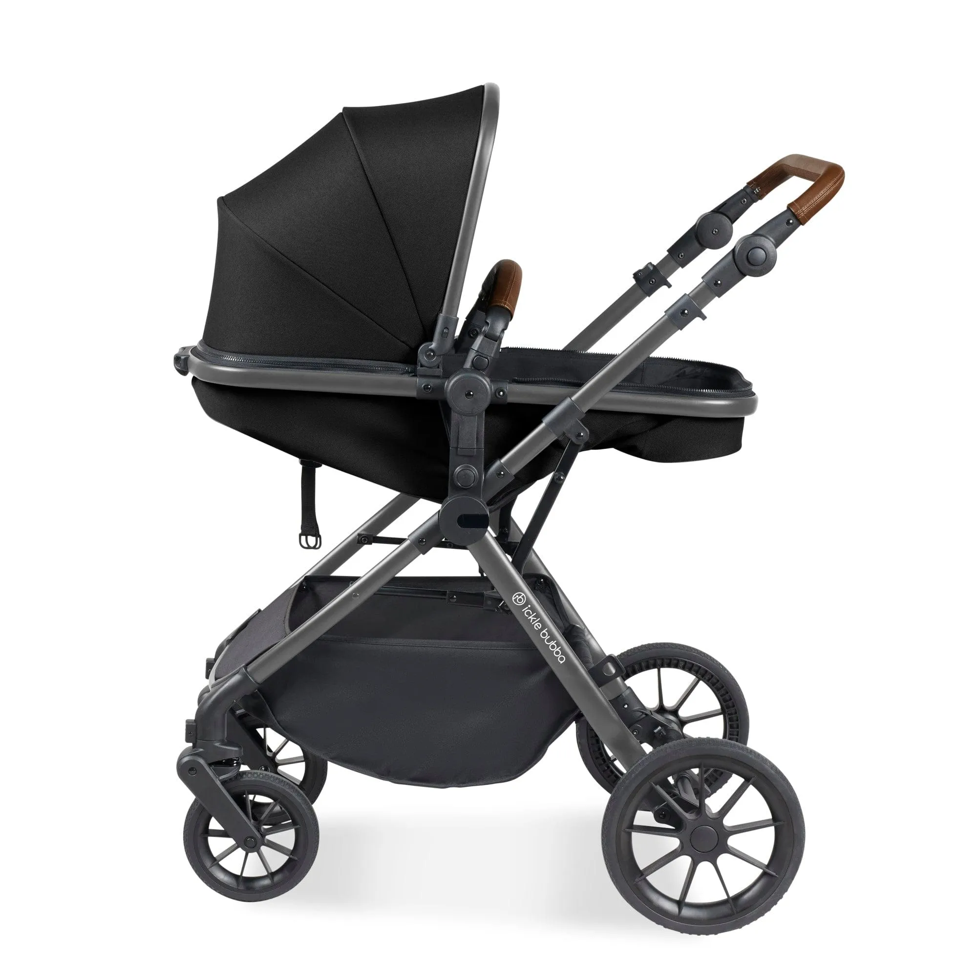 Ickle Bubba Cosmo I-Size Travel System With Stratus Car Seat & Isofix Base - Gunmetal / Black / Tan