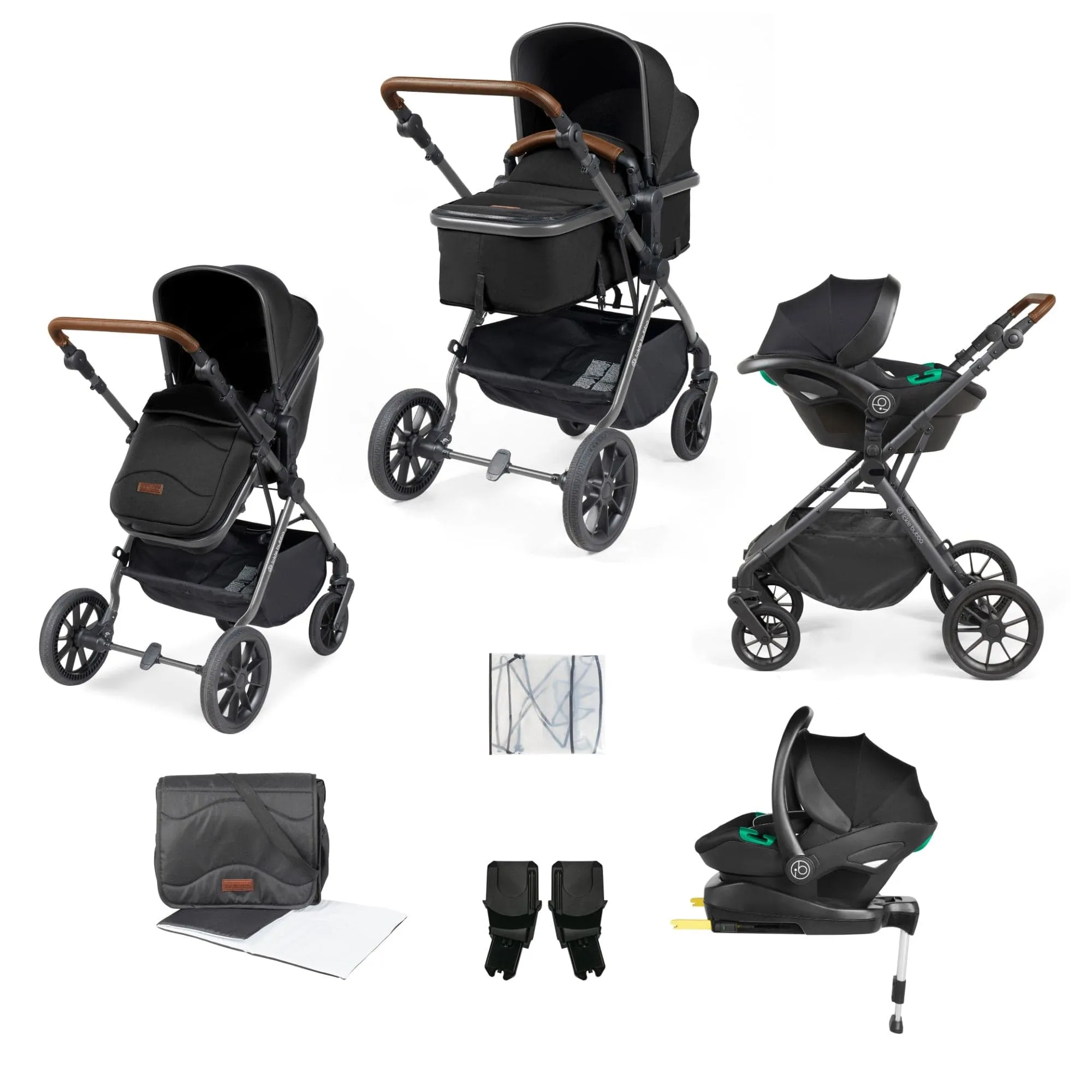 Ickle Bubba Cosmo I-Size Travel System With Stratus Car Seat & Isofix Base - Gunmetal / Black / Tan