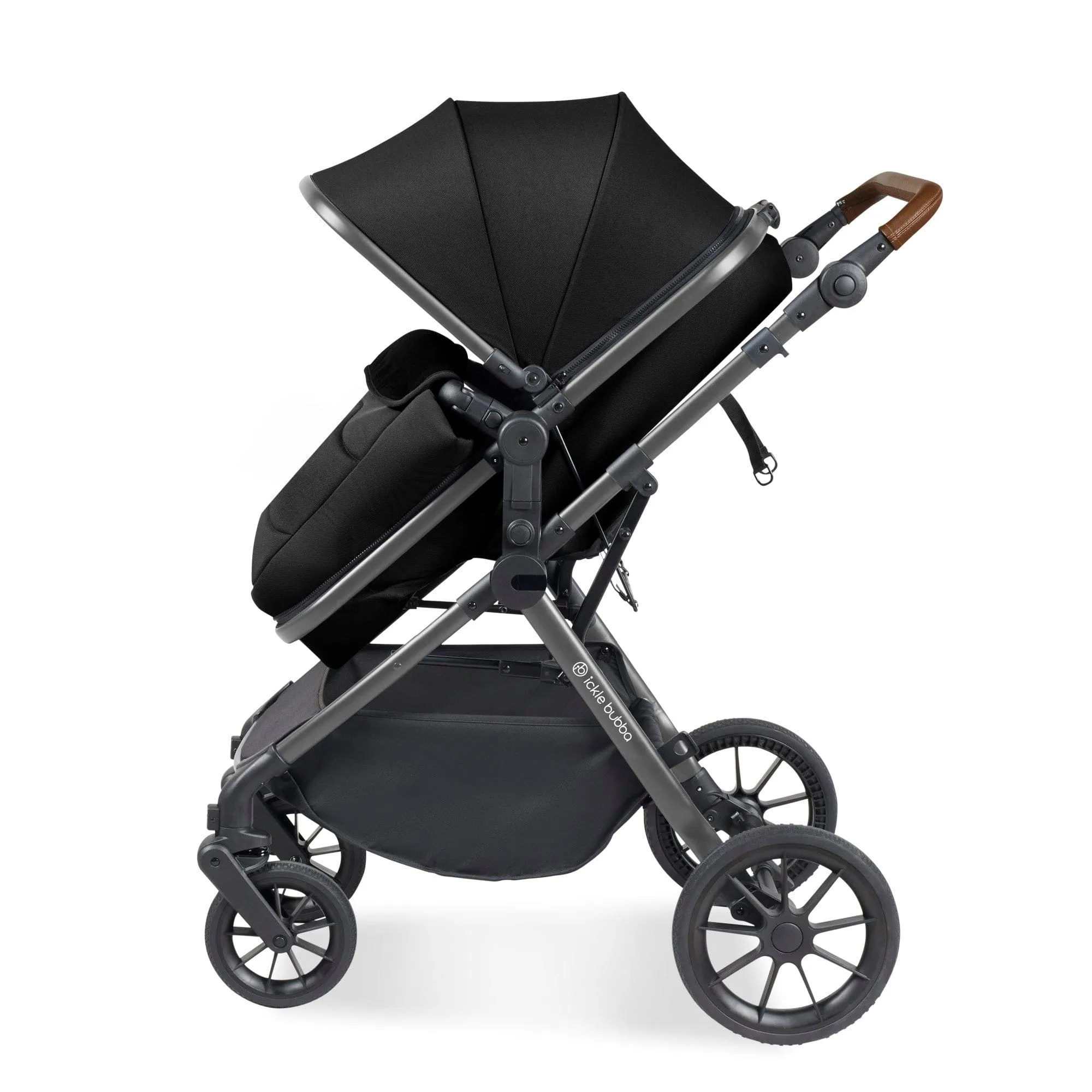 Ickle Bubba Cosmo I-Size Travel System With Stratus Car Seat & Isofix Base - Gunmetal / Black / Tan