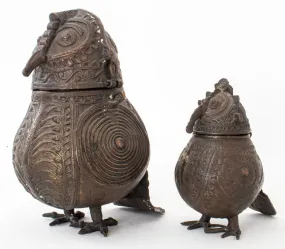 Indian Dhokra Bronze Owl Containers, ca. 1900, 2