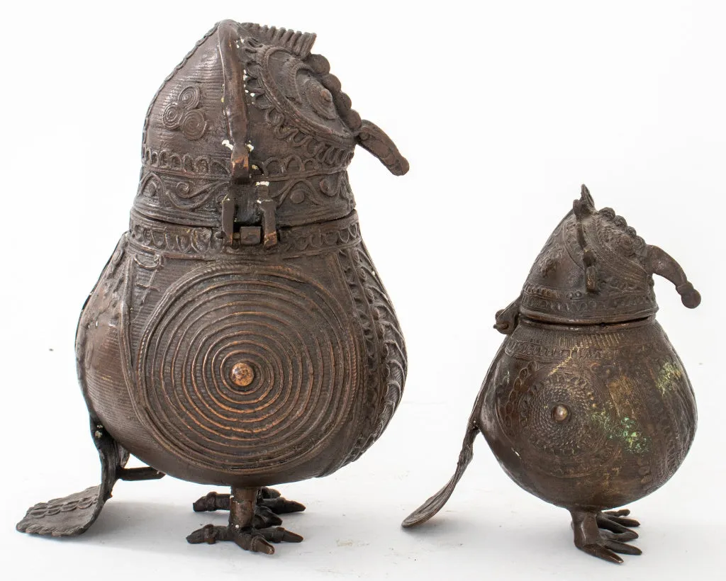 Indian Dhokra Bronze Owl Containers, ca. 1900, 2