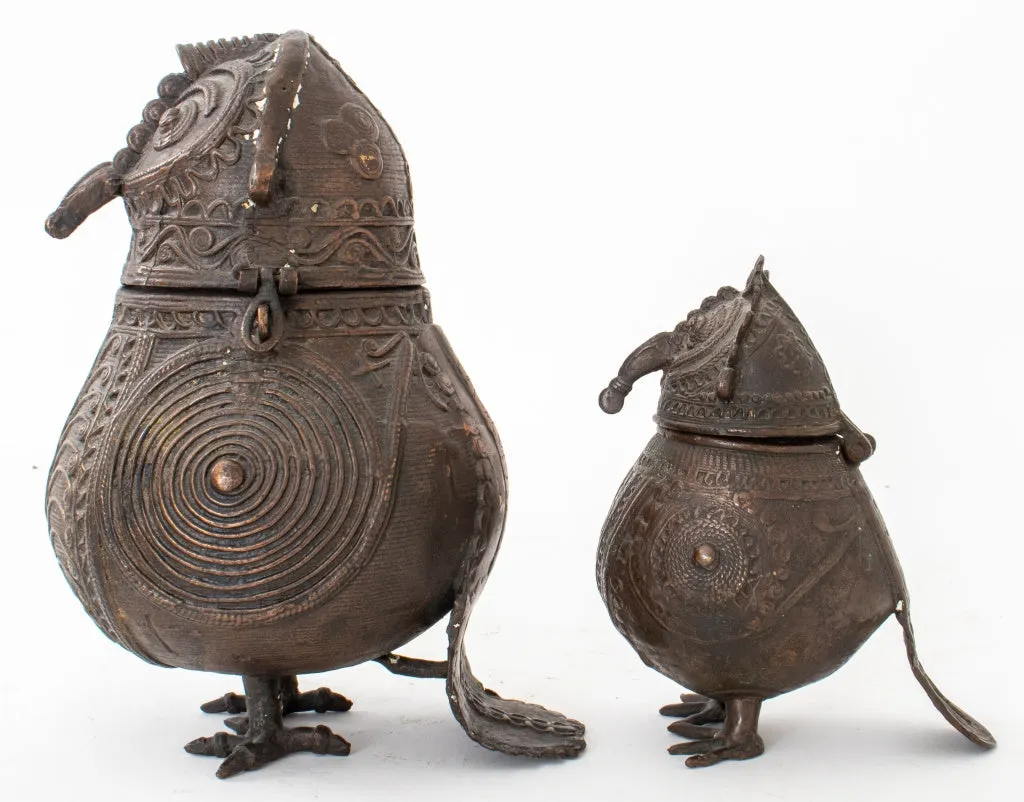 Indian Dhokra Bronze Owl Containers, ca. 1900, 2