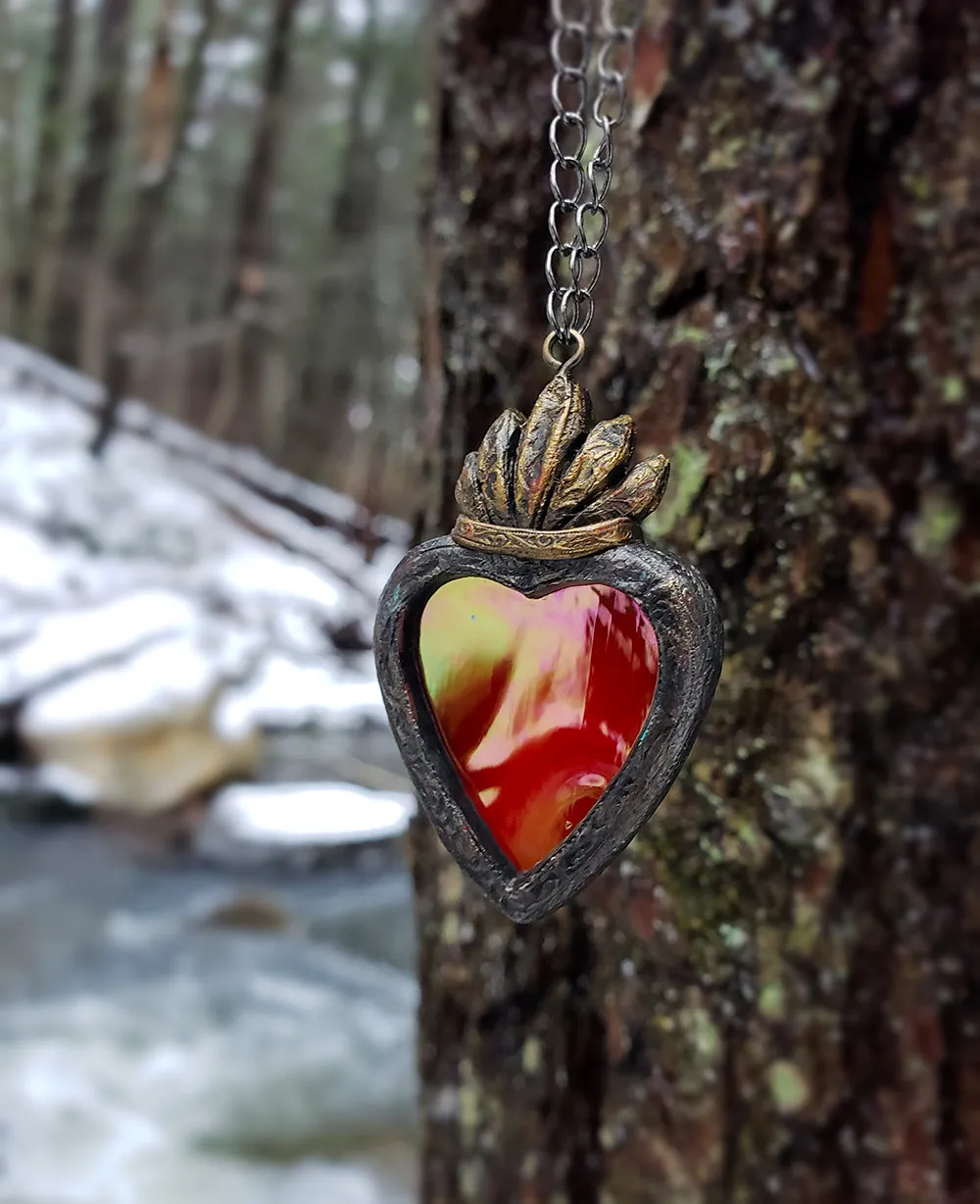 Iridescent Sacred Heart ~ Stained Glass Amulet