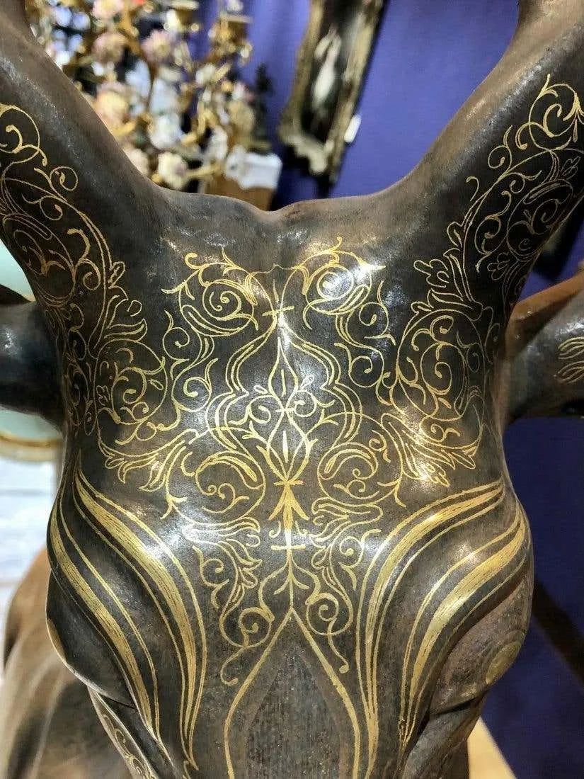 Exquisite Jahangir Ayati Persian Gold-Inlaid Metal Deer Sculpture Collectible