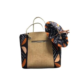 Large Tan African Print Handbag with Assorted Handfan- LBF-16