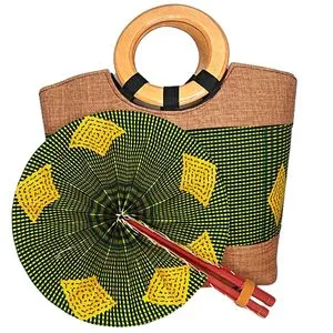 Large Tan Bag with Polka dot and Patterned Green and Yellow African Print