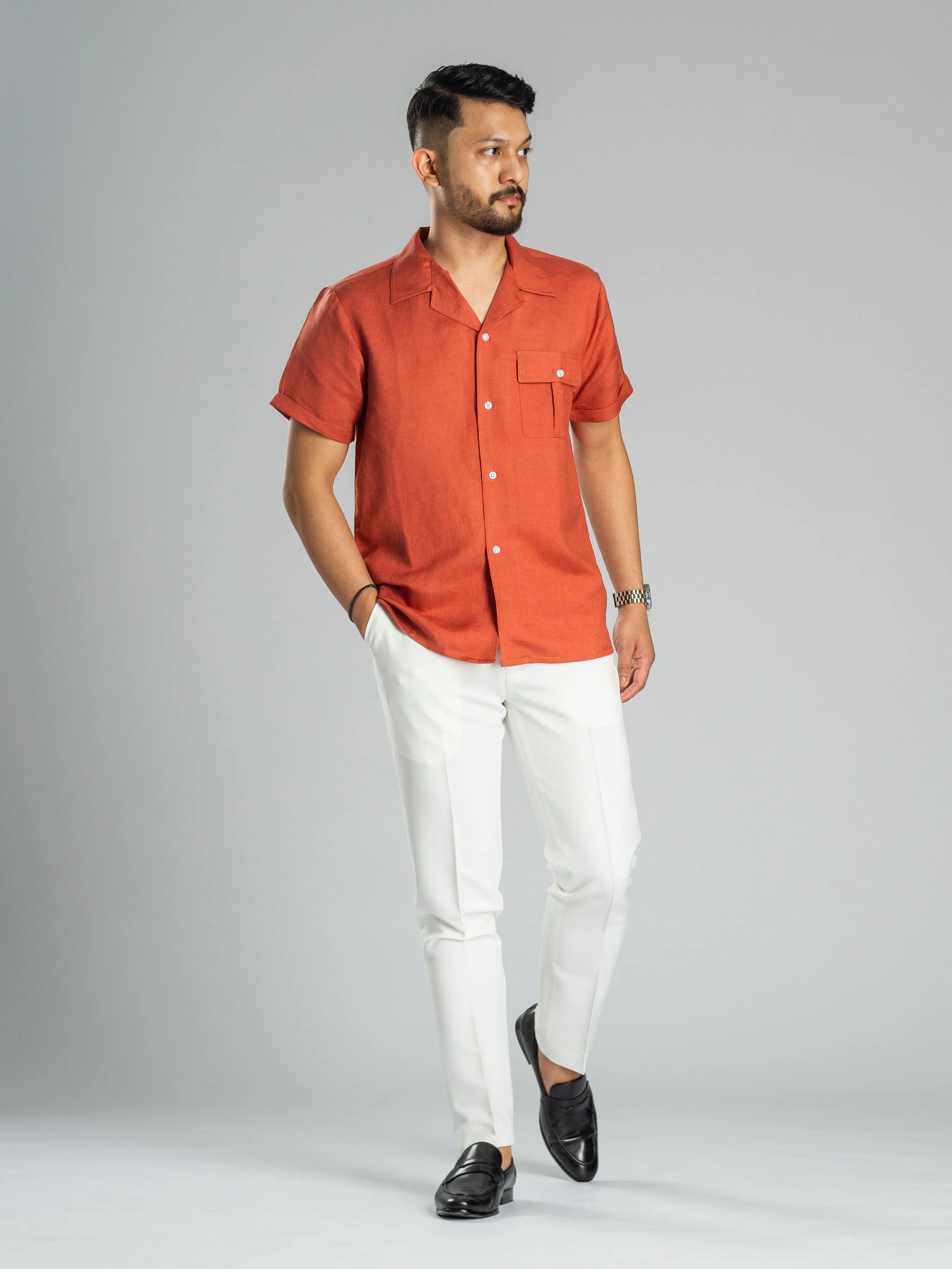 Linen Cuban Collar Shirt - Brick Red