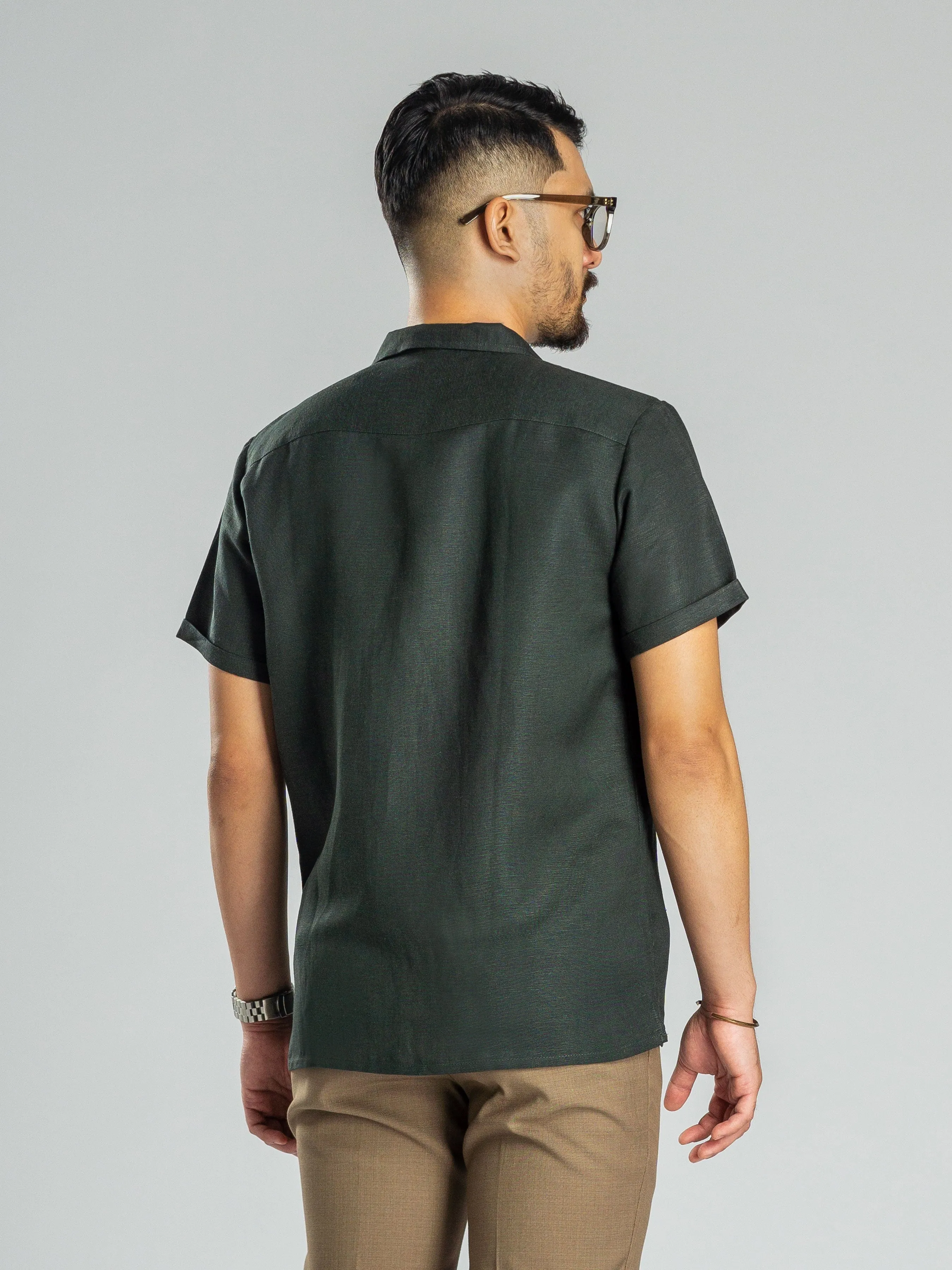 Linen Cuban Collar Shirt - Dark Green