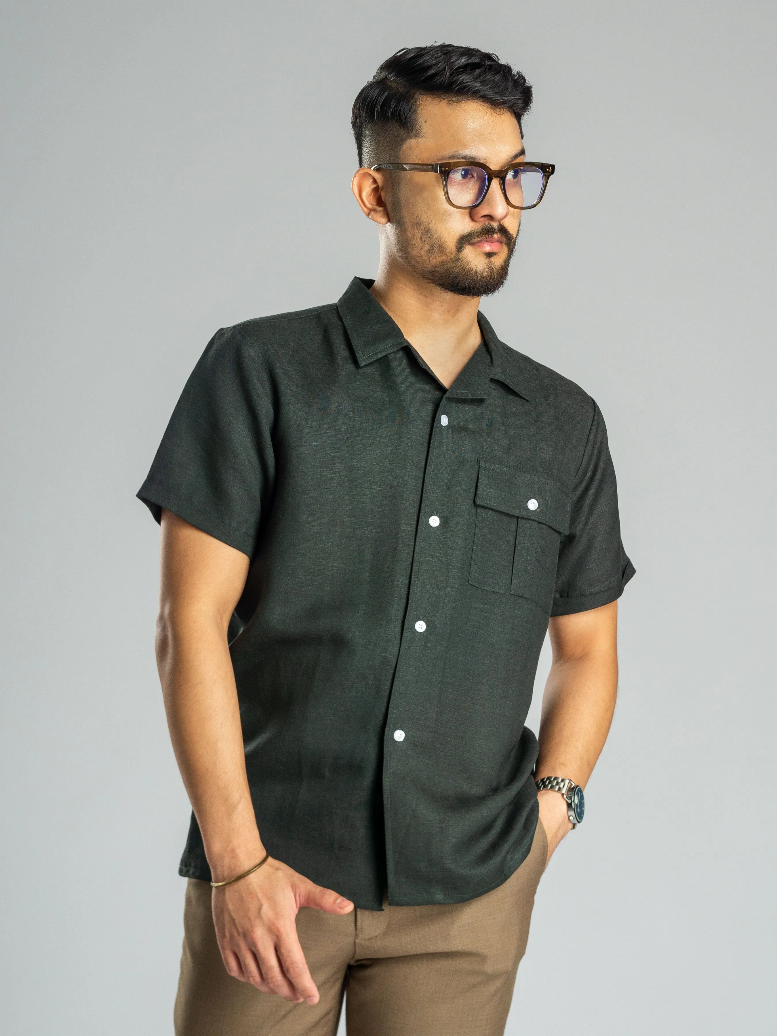 Linen Cuban Collar Shirt - Dark Green