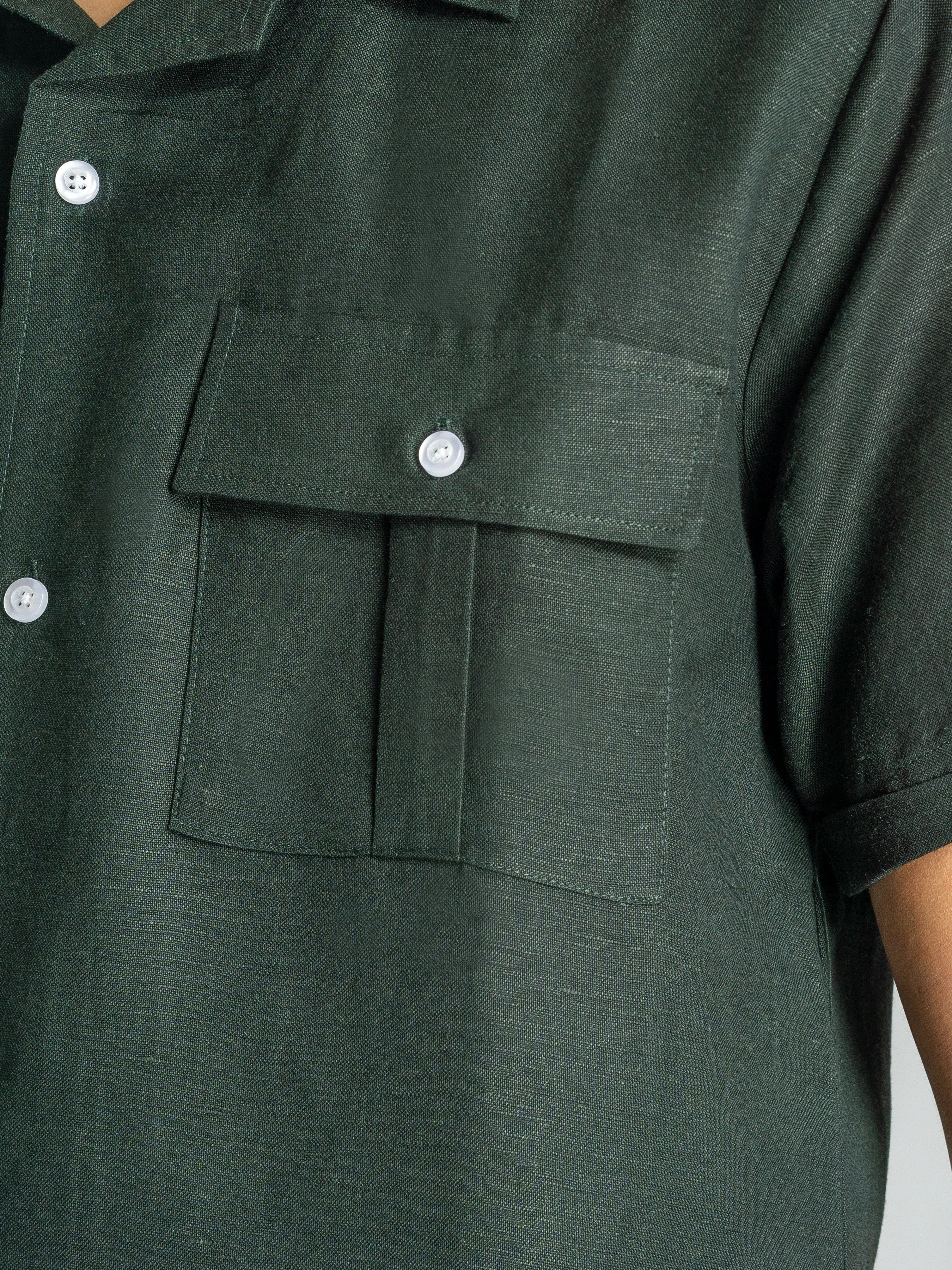 Linen Cuban Collar Shirt - Dark Green