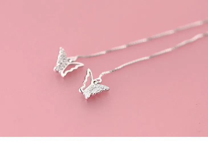 Luxurious 925 Sterling Silver Long Butterfly Earrings