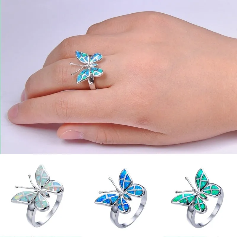 Luxurious Butterfly S925 Silver Opal Butterfly Rings