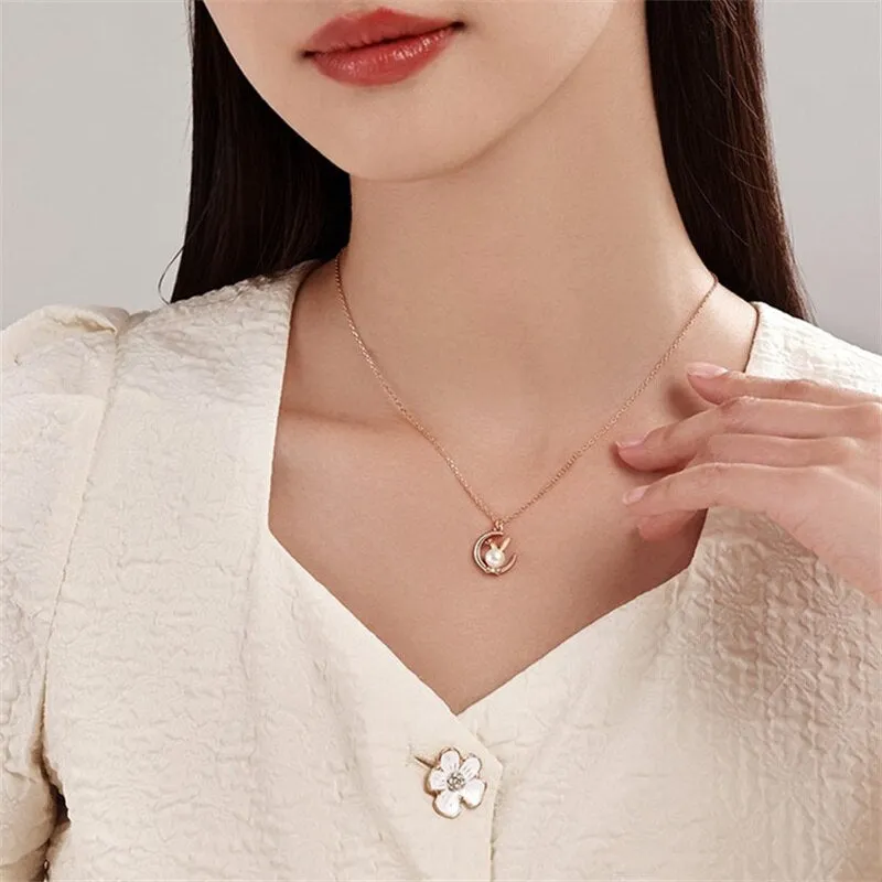 Luxurious Pearl Moon Bunny Necklaces and Earrings