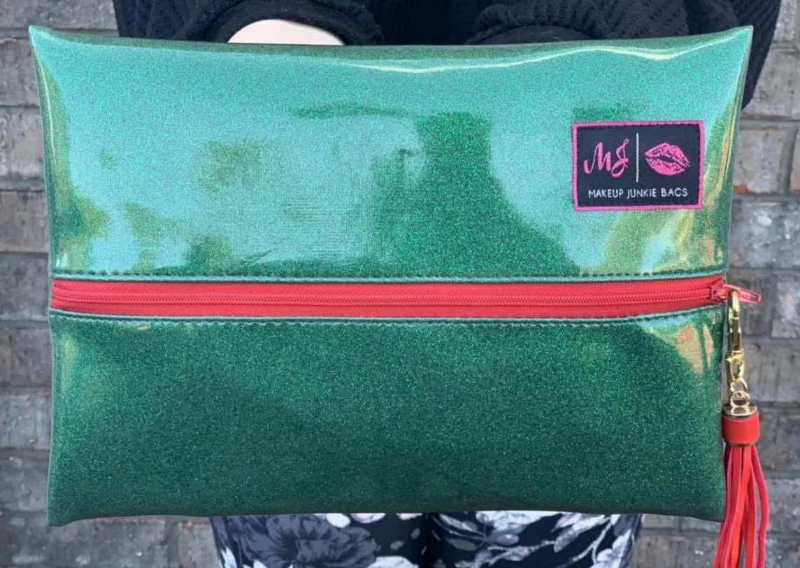 Makeup Junkie Bags - Emerald Green Glitter With Red Zipper [Pre-Order]