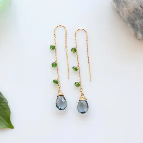 Mathilde - Moss Aquamarine and Chrome Diopside Gold Threader Earrings