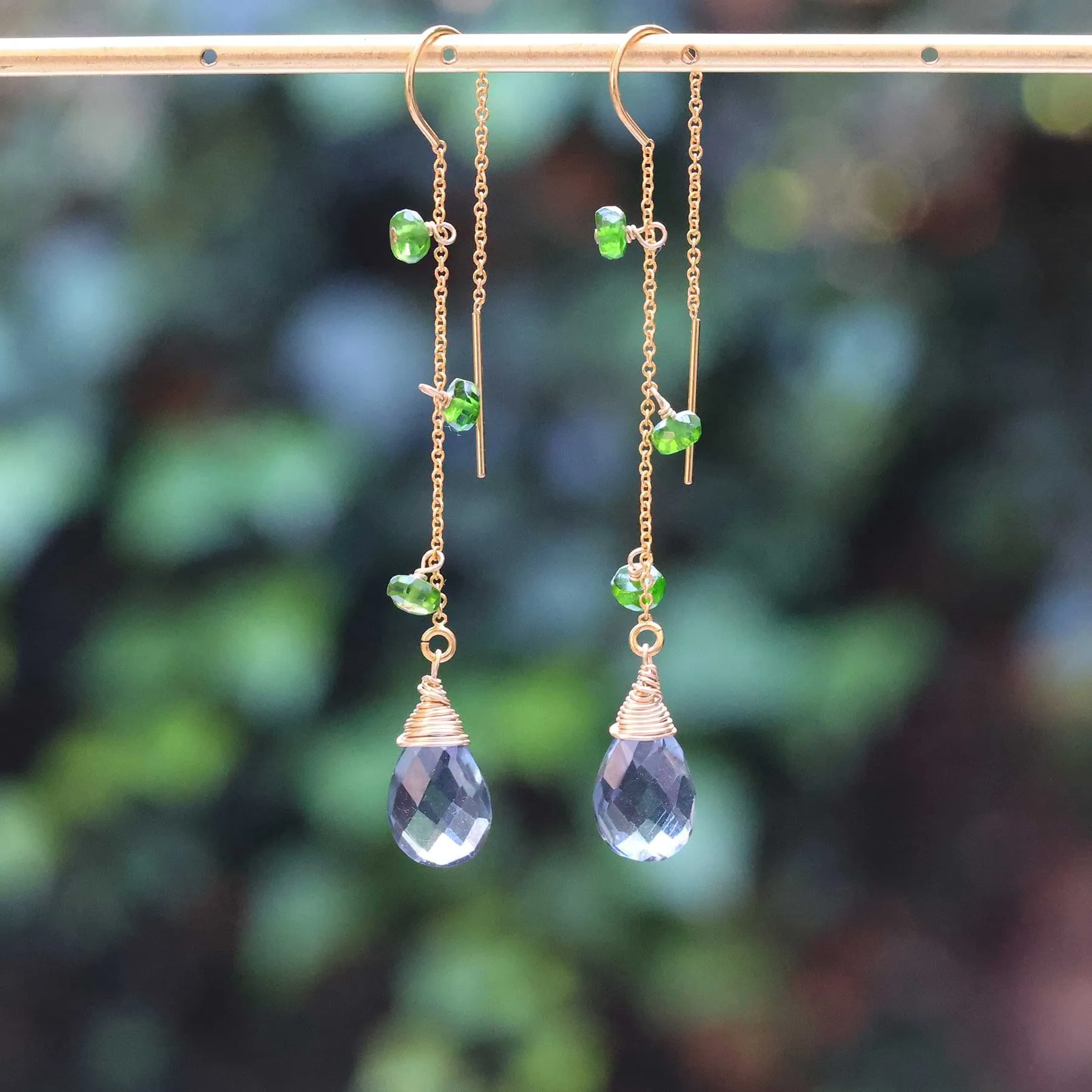 Mathilde - Moss Aquamarine and Chrome Diopside Gold Threader Earrings